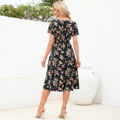 Stretchy Waist Printed Maternity Chiffon Dress