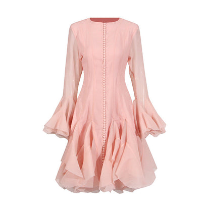 Designed Elegant Round Neck Patchwork Hem Flounce Midi Dress with Bell Sleeves