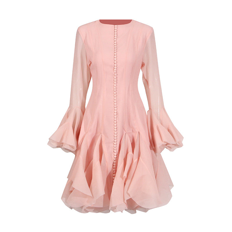 Designed Elegant Round Neck Patchwork Hem Flounce Midi Dress with Bell Sleeves