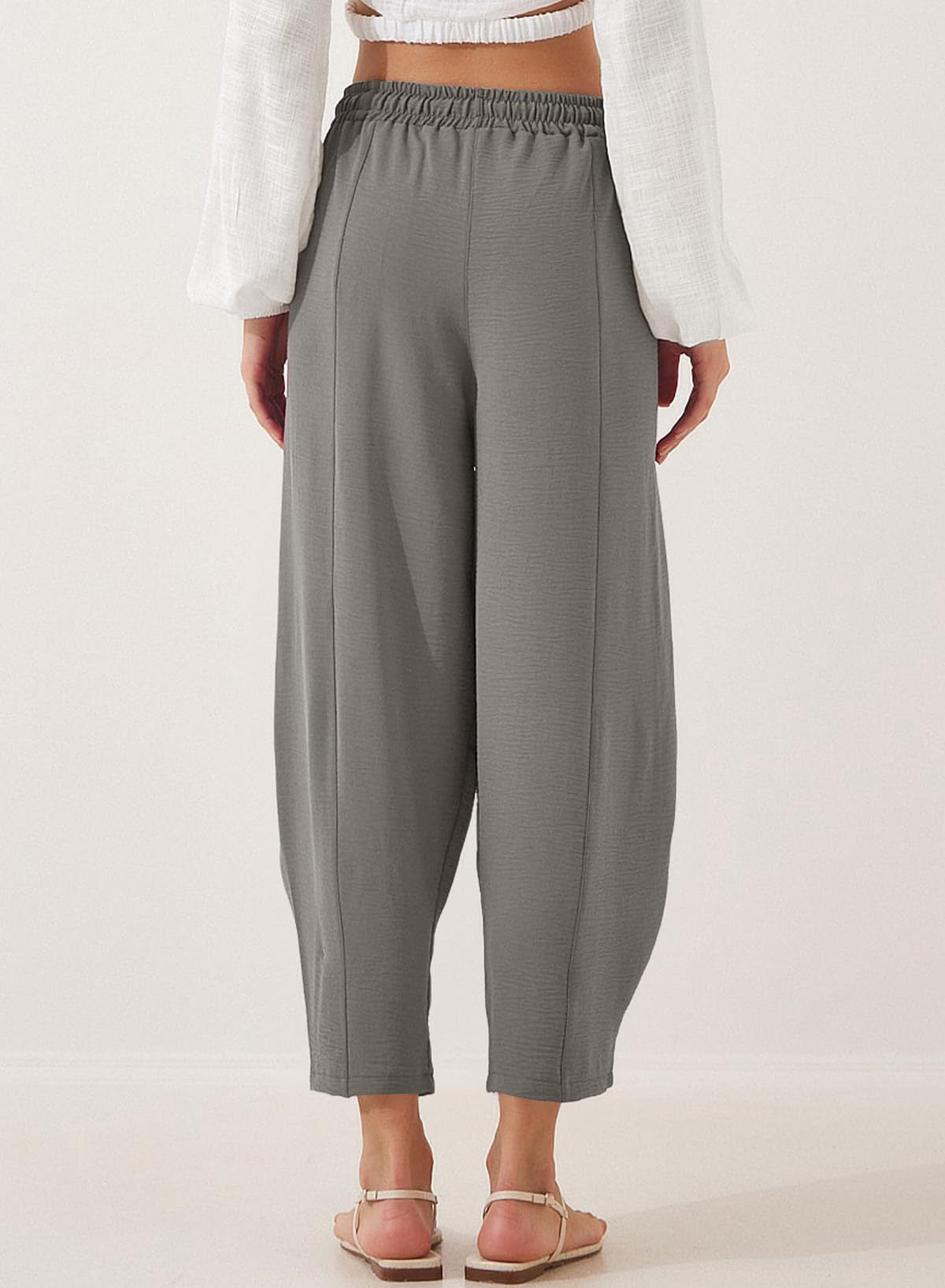 Women's Summer High-Waisted Loose Vacation Drawstring Casual Cropped Pants with Side Pockets