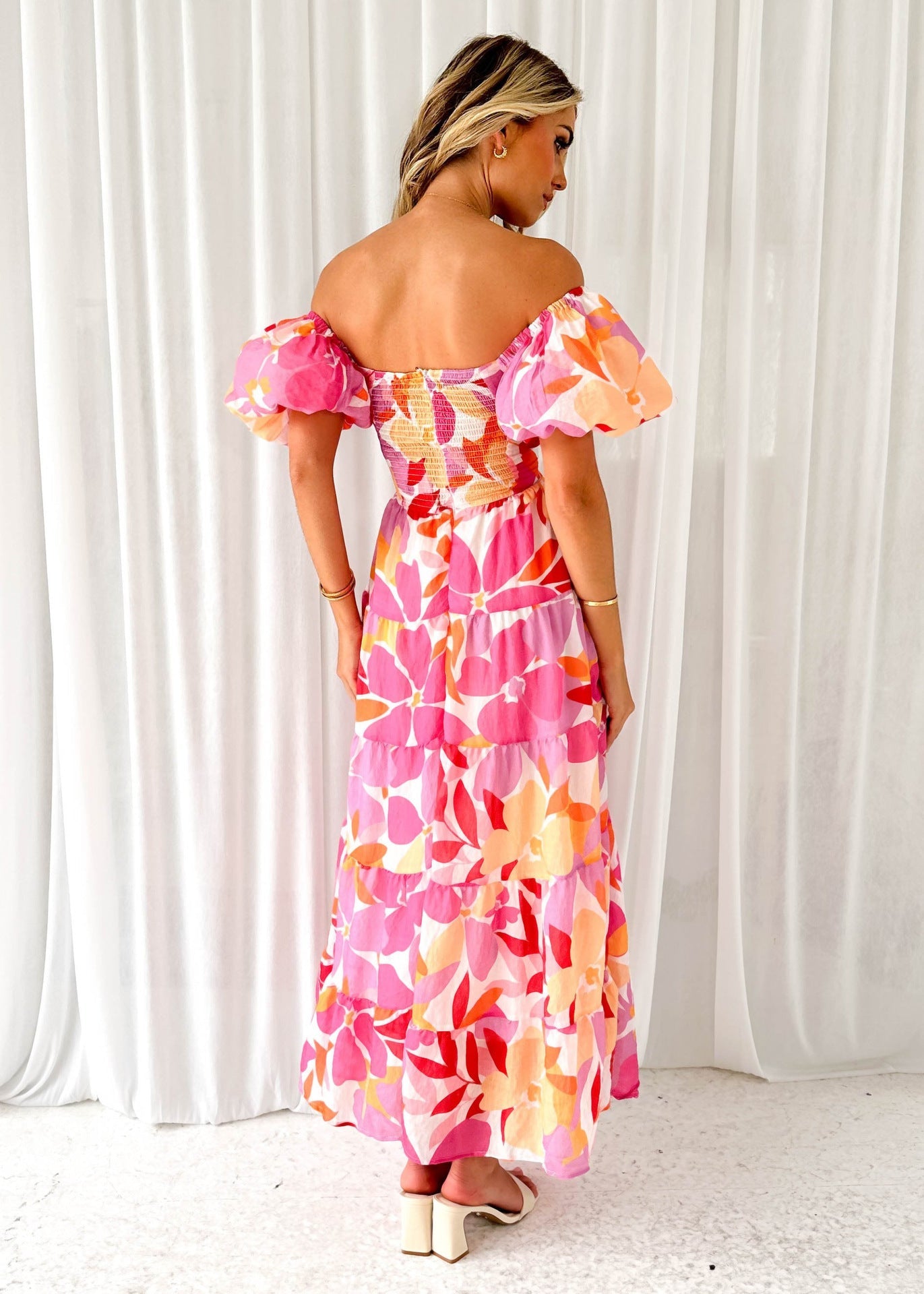 Elegant Floral Print Puff Sleeve Dress