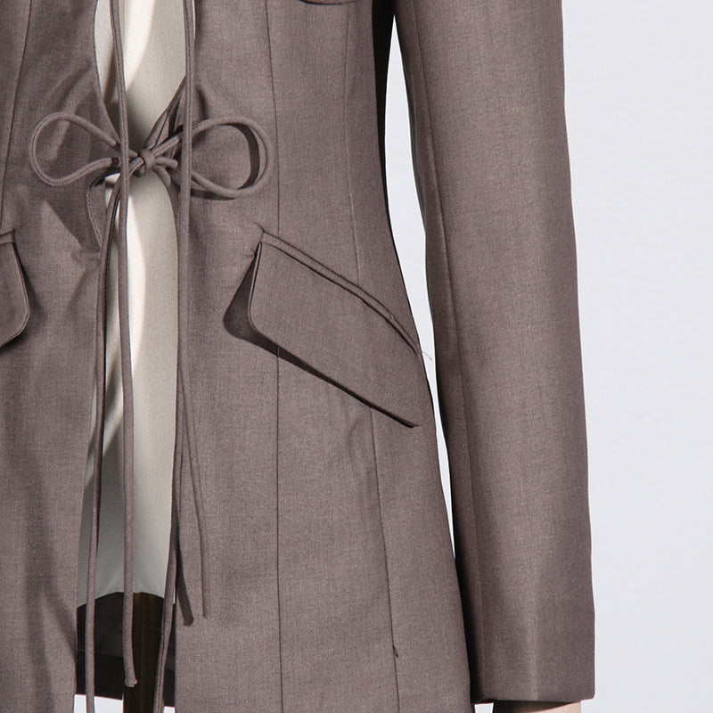 Women's Designer V-Neck Lace-Up Belted Asymmetrical Blazer Jacket