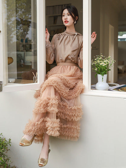 Layered Tulle Skirt - High Waist Ruffled Lace Trim Semi-Formal Skirt