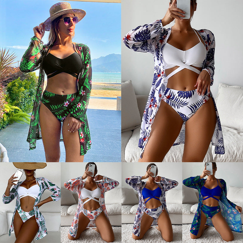 Women's 3-Piece Mesh Long Sleeve Cover-Up – Beach Bikini Set