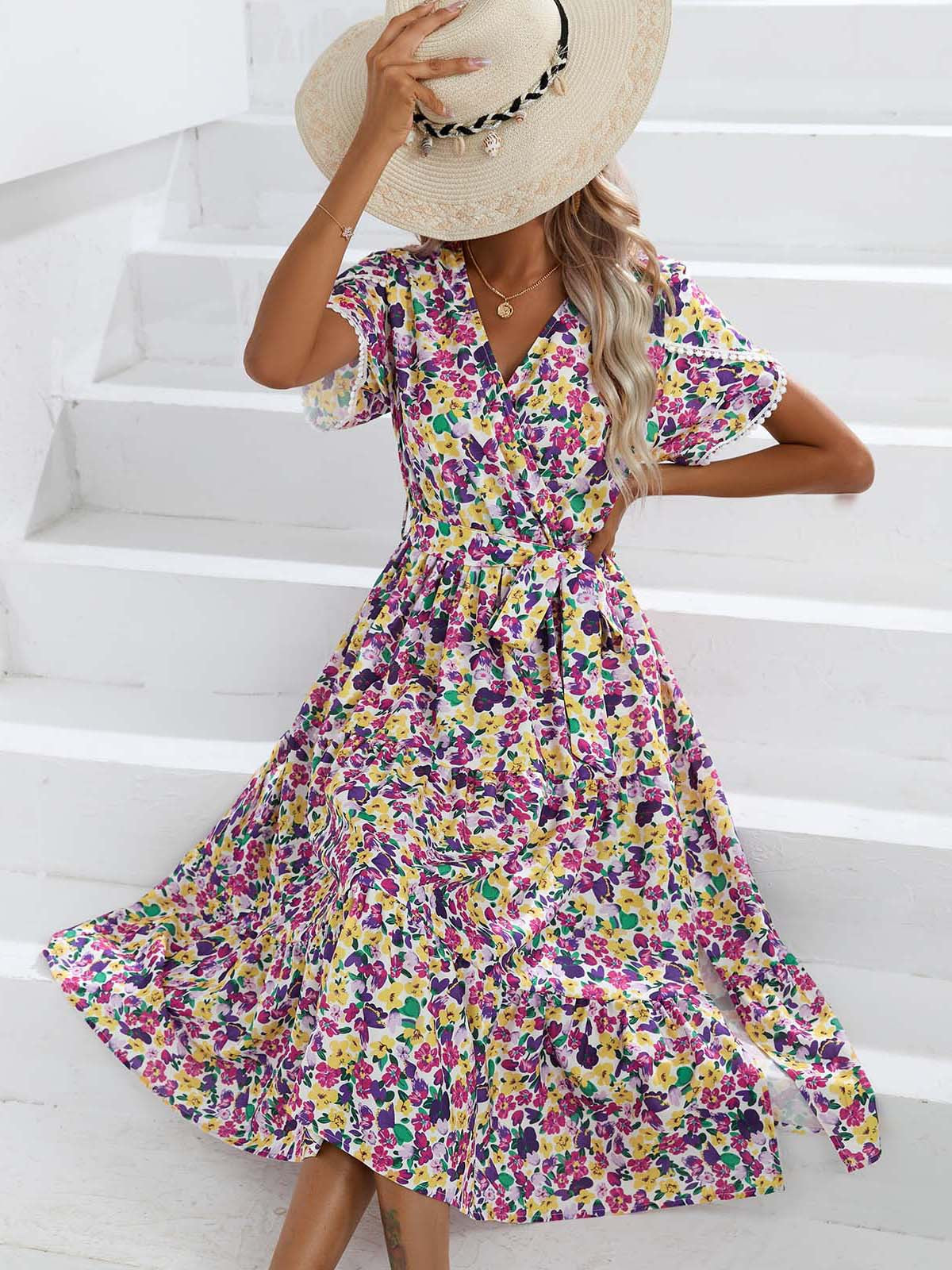 Women's Summer Floral V-Neck Split Hem Top