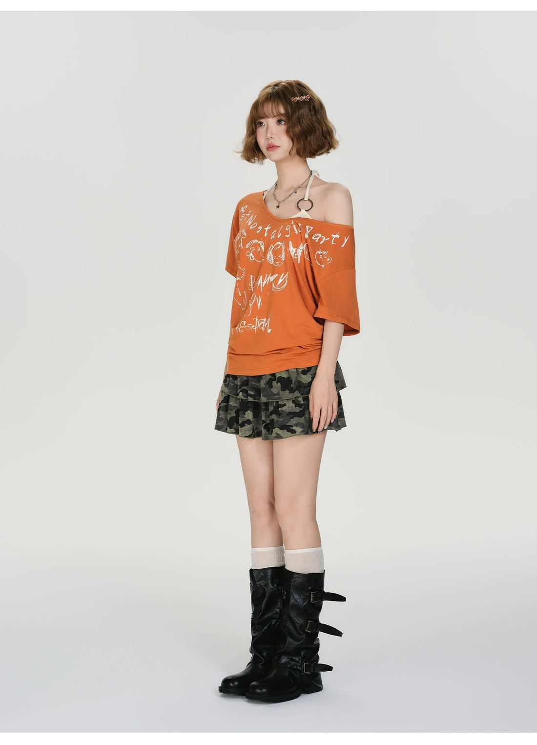 Girlyhalo Retro Baddie Print Off-Shoulder T-Shirt