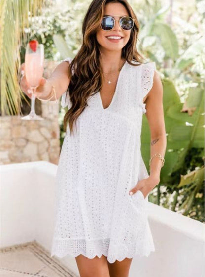 Women's Lace Jacquard Hollow-Out V-Neck Dress with Shorts