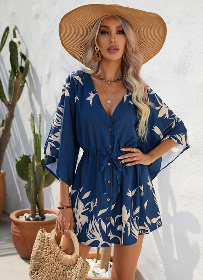 Women's Summer Leaf Print Short Sleeve Short Mini Dress