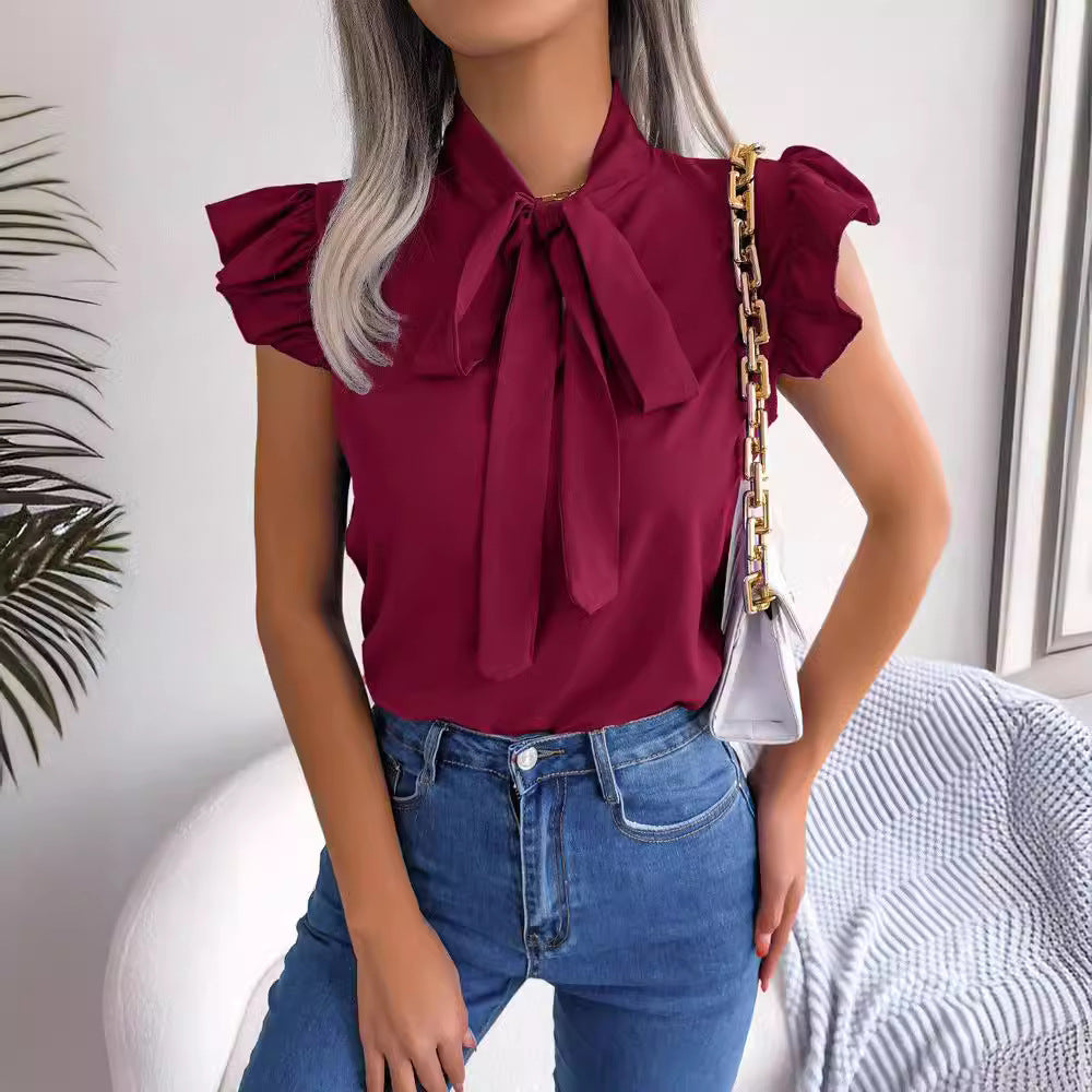 Solid Color Ruffled Tie-Bow Blouse – Elegant Women’s Shirt