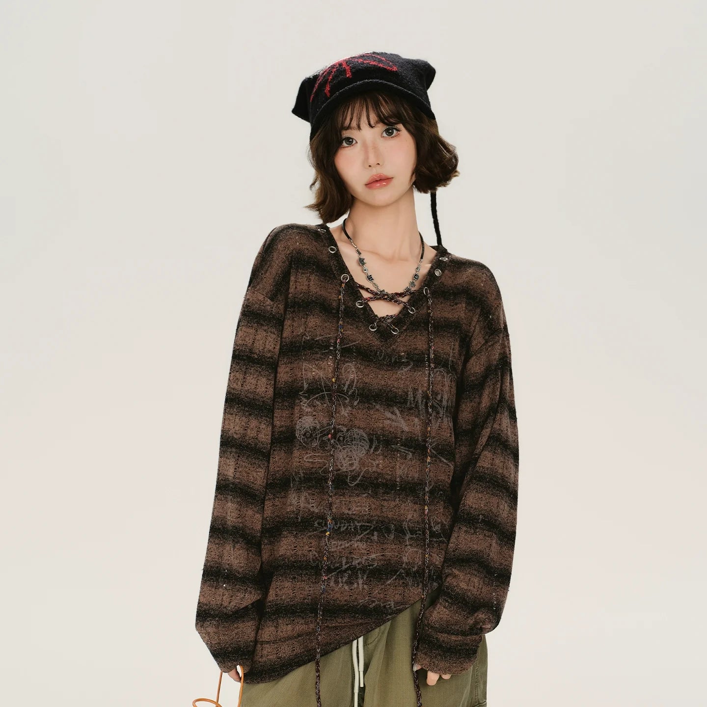 Girlyhalo Retro Print V-Neck Striped Long Sleeve T-Shirt