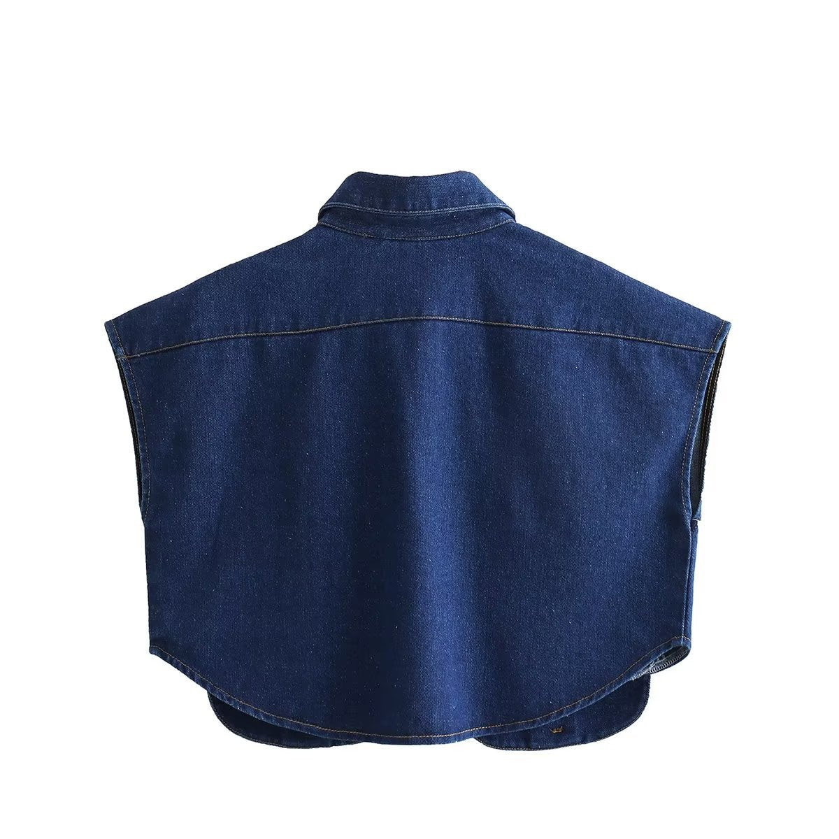 Women's Solid Color Oversized Pocket Sleeveless Polo Collar Denim Shirt Top