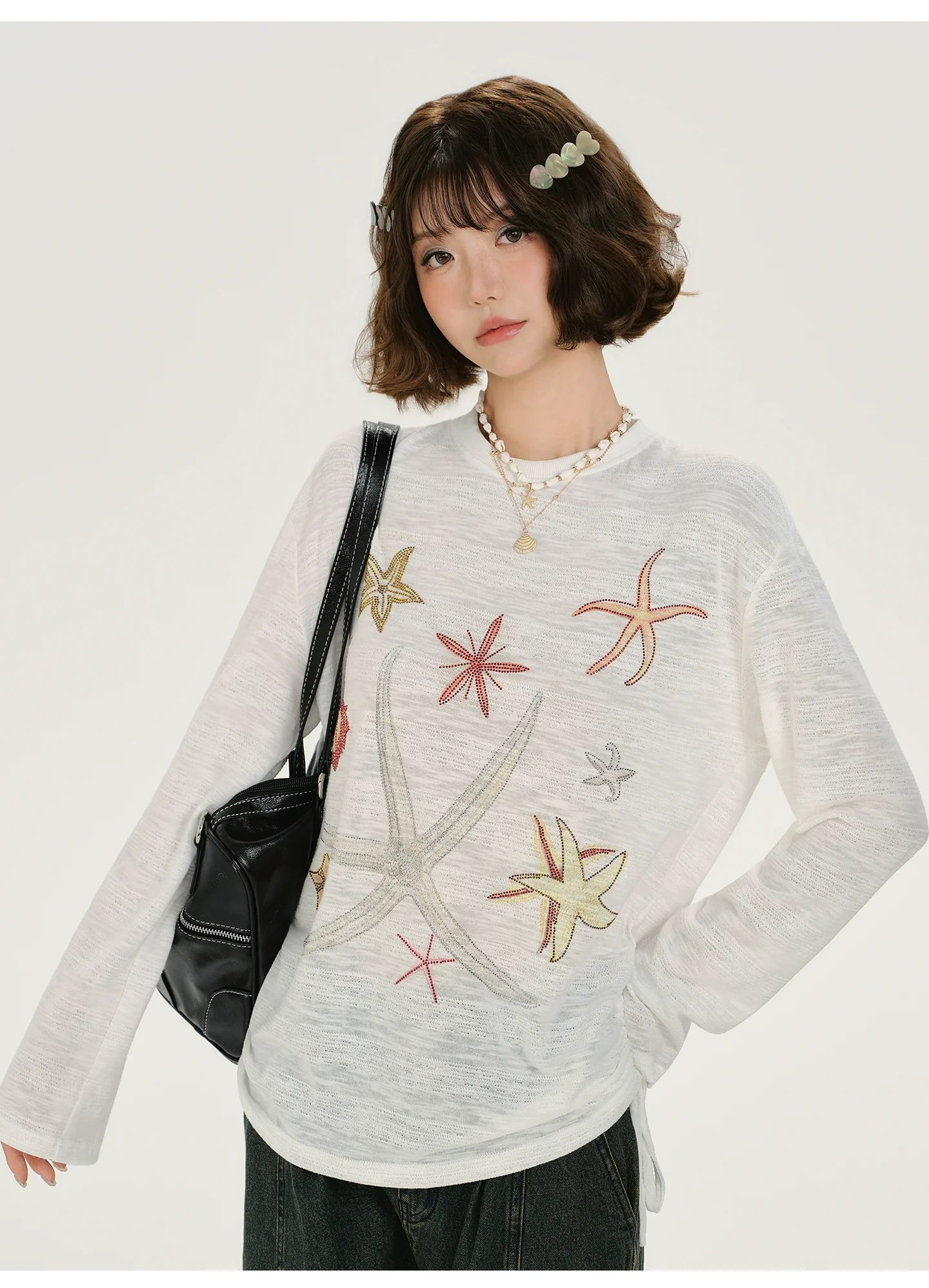 Girlyhalo Retro Print Rhinestone Long Sleeve T-Shirt