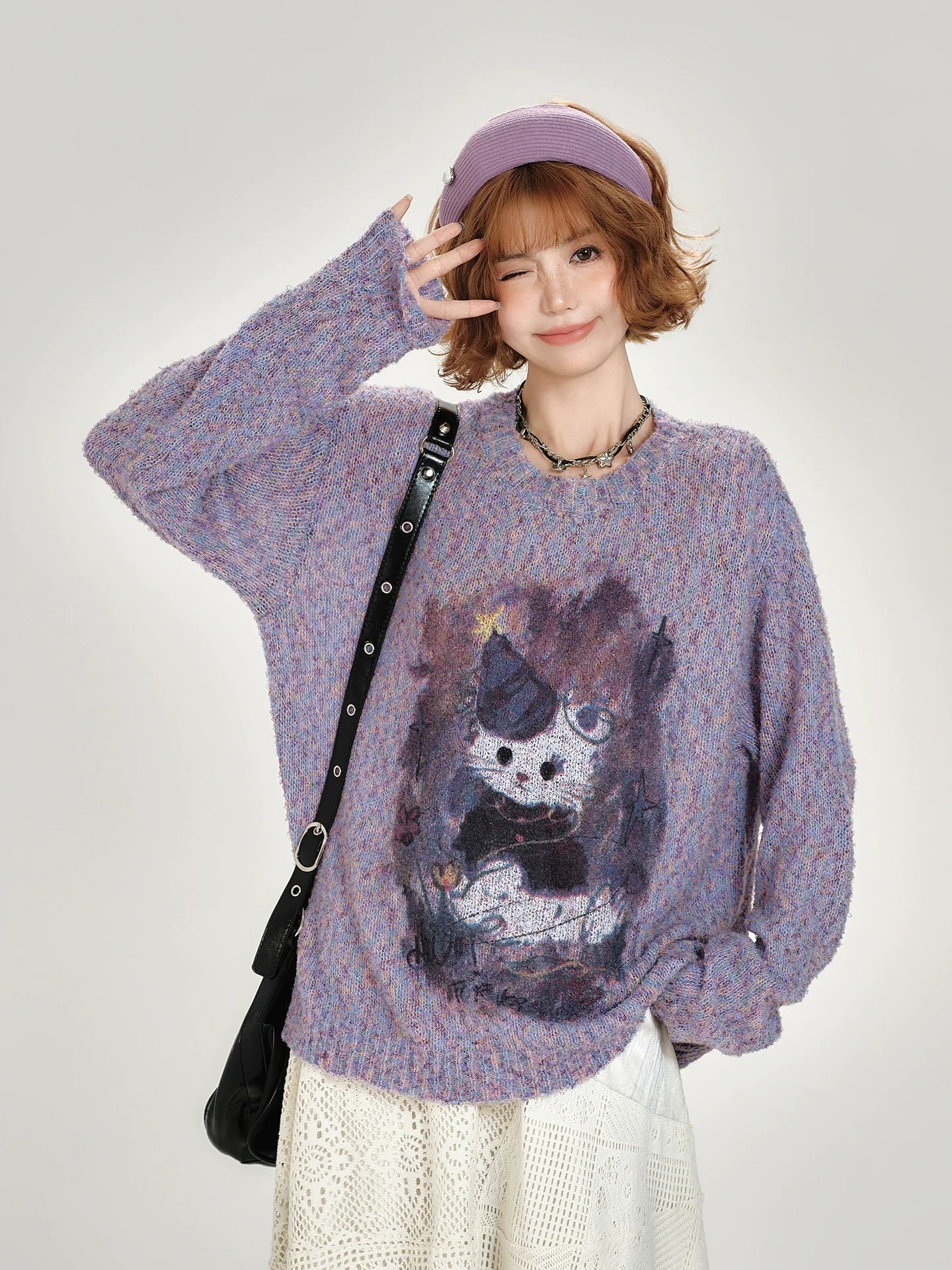 Girlyhalo Women's Loose Fit Retro Print Sweater - Crewneck Fall Pullover-Purple-S-Free Shipping Leatheretro