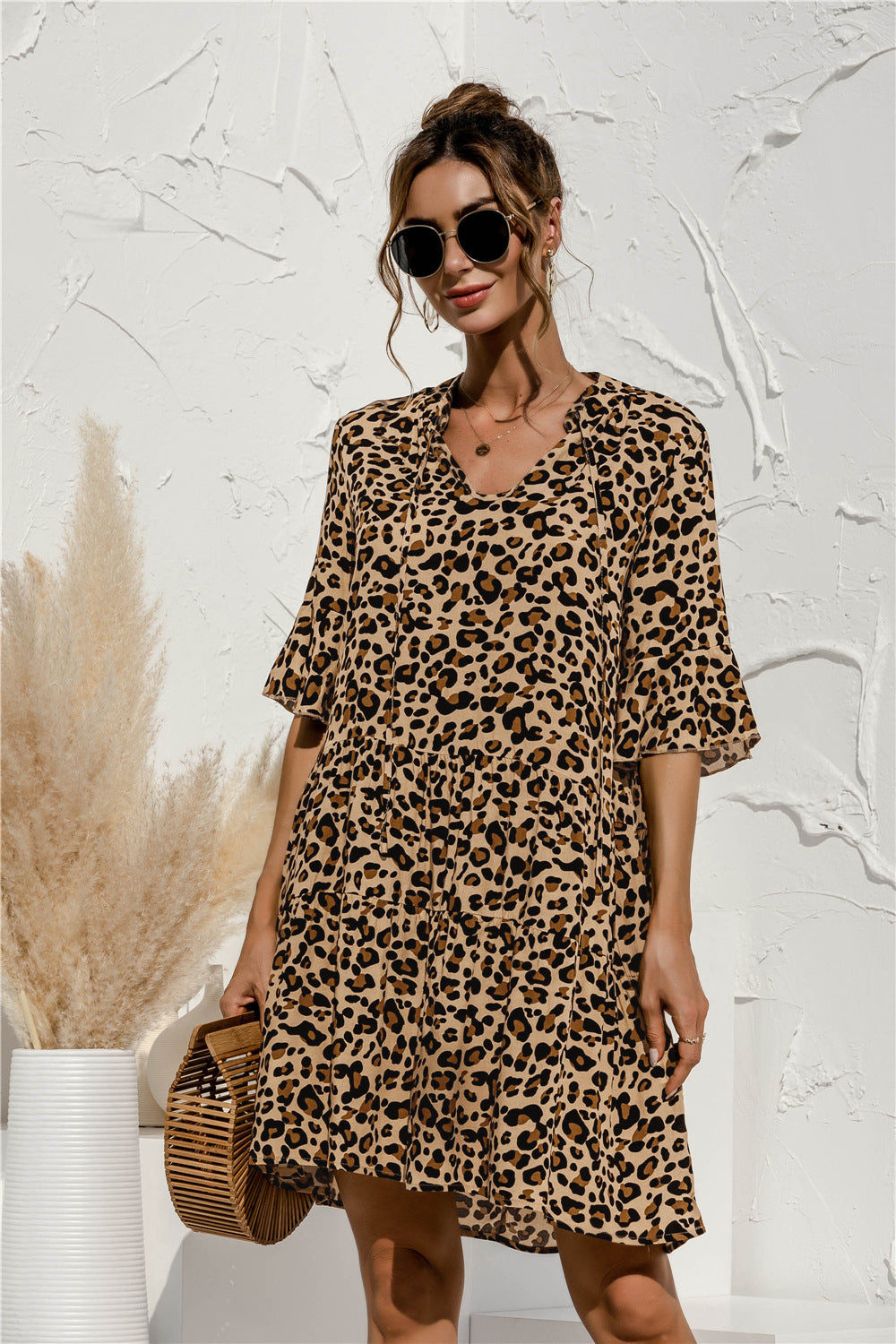 Women's V-Neck Flared Sleeve Tiered Contrast Panel Dress