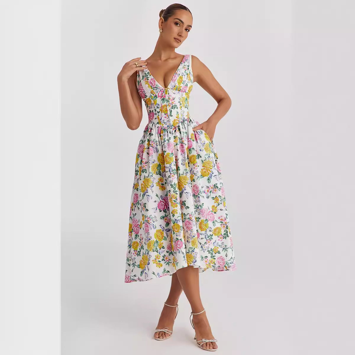 Elegant V-Neck Print Maxi Dress