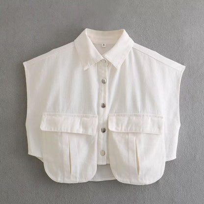 Women's Solid Color Oversized Pocket Sleeveless Polo Collar Denim Shirt Top