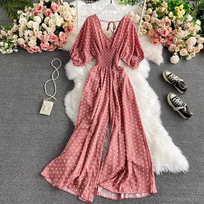 Women's Sexy V-Neck Batwing Sleeve Waist-Cinching Slimming Polka Dot Print Jumpsuit