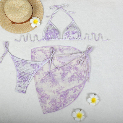 Print Bikini Three-Piece Set – Sheer Skirt Separates, Sexy Vacation Swimwear