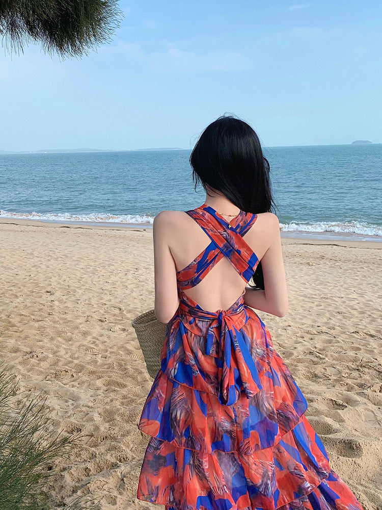Halter Neck Printed Maxi Dress – High Waist, Backless Beach Cover-Up