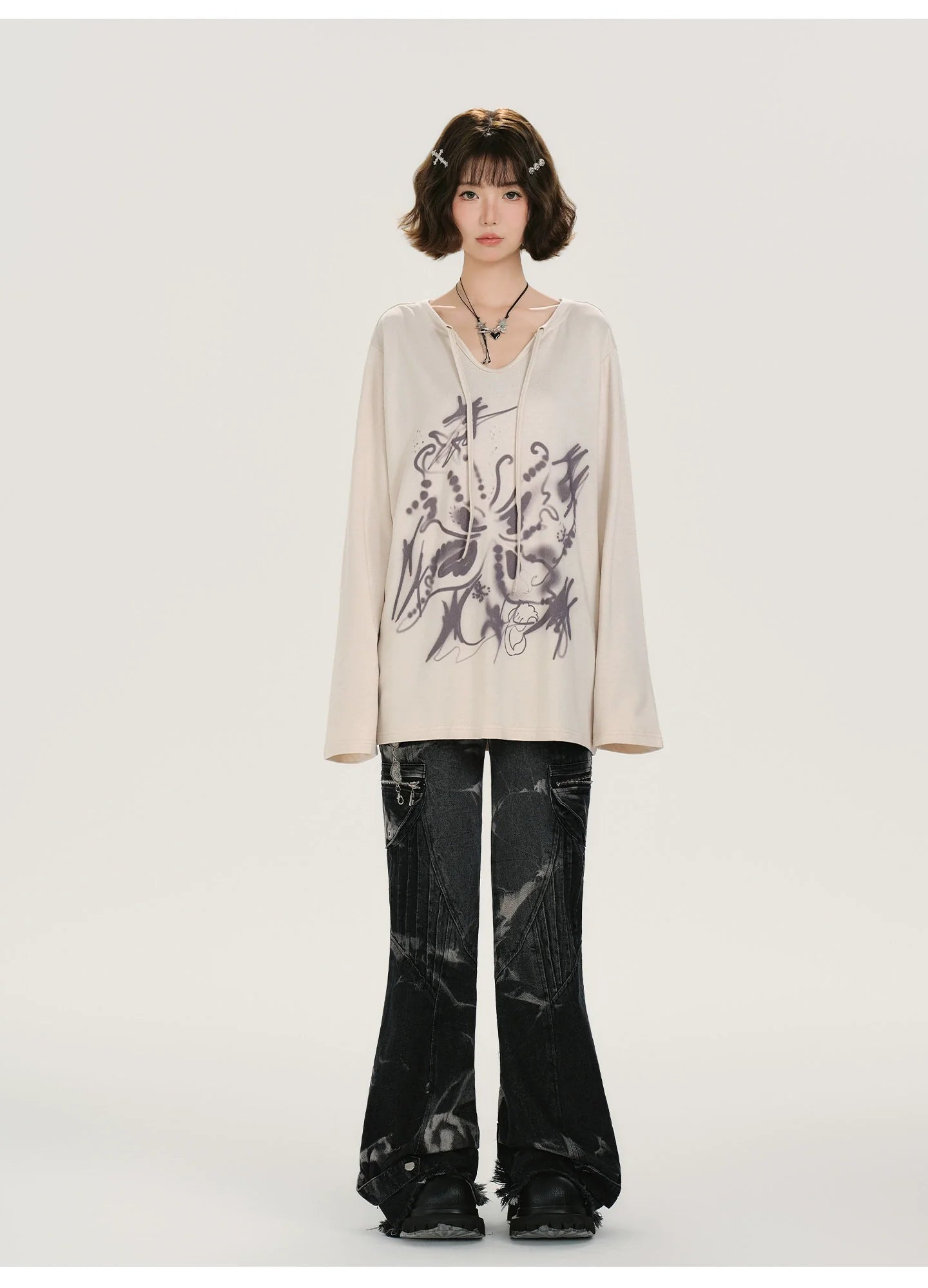 Girlyhalo Retro Print Long Sleeve T-Shirt