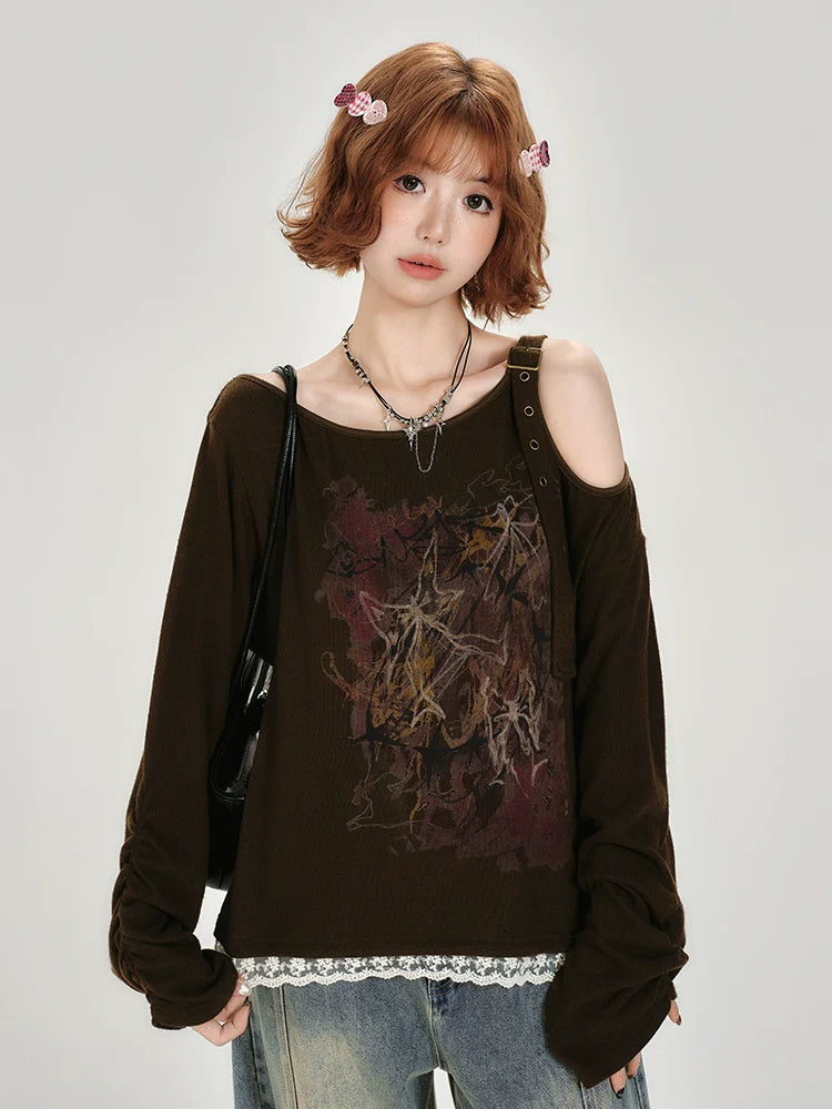 Girlyhalo Vintage Off-Shoulder Long Sleeve Top-As Photo-S-Free Shipping Leatheretro