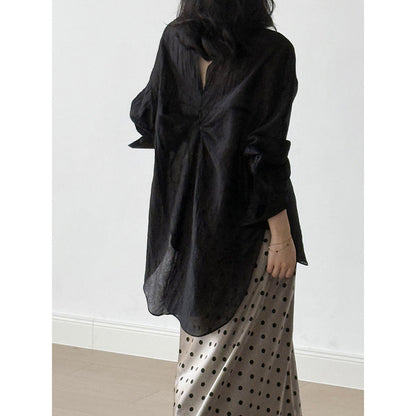 Women's Backless Knotted Shirt – Summer Loose Fit Long Sleeve Sun Protection Blouse-Black-M-Free Shipping Leatheretro