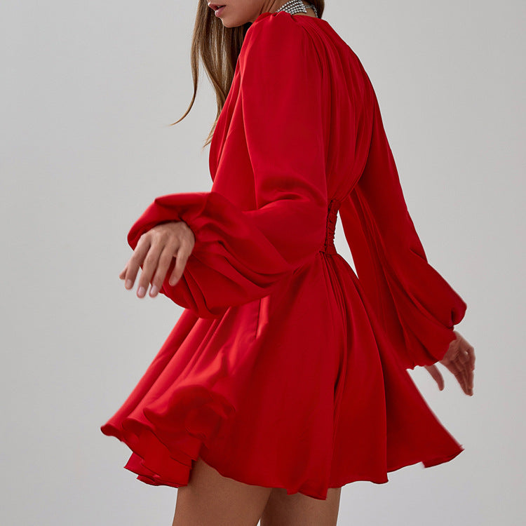 Elegant Red Ruffled Satin Dress