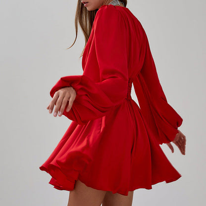 Elegant Red Ruffled Satin Dress
