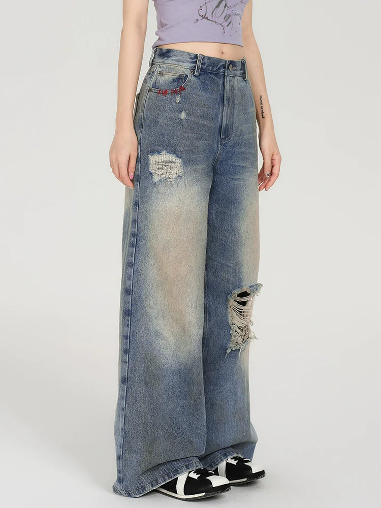 Girlyhalo Women's Retro Washed Distressed Straight-Leg Jeans-S-Blue-Free Shipping Leatheretro