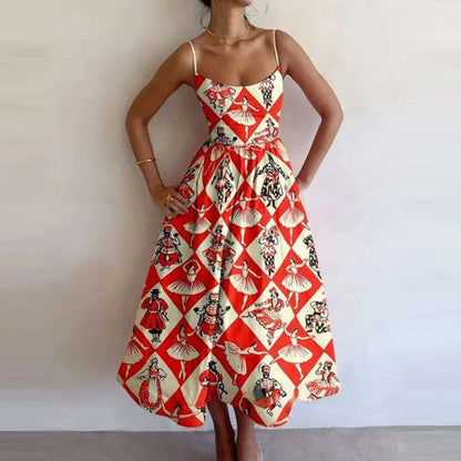 Sexy U-Neck Belted Ruffle Strap Flared Dress