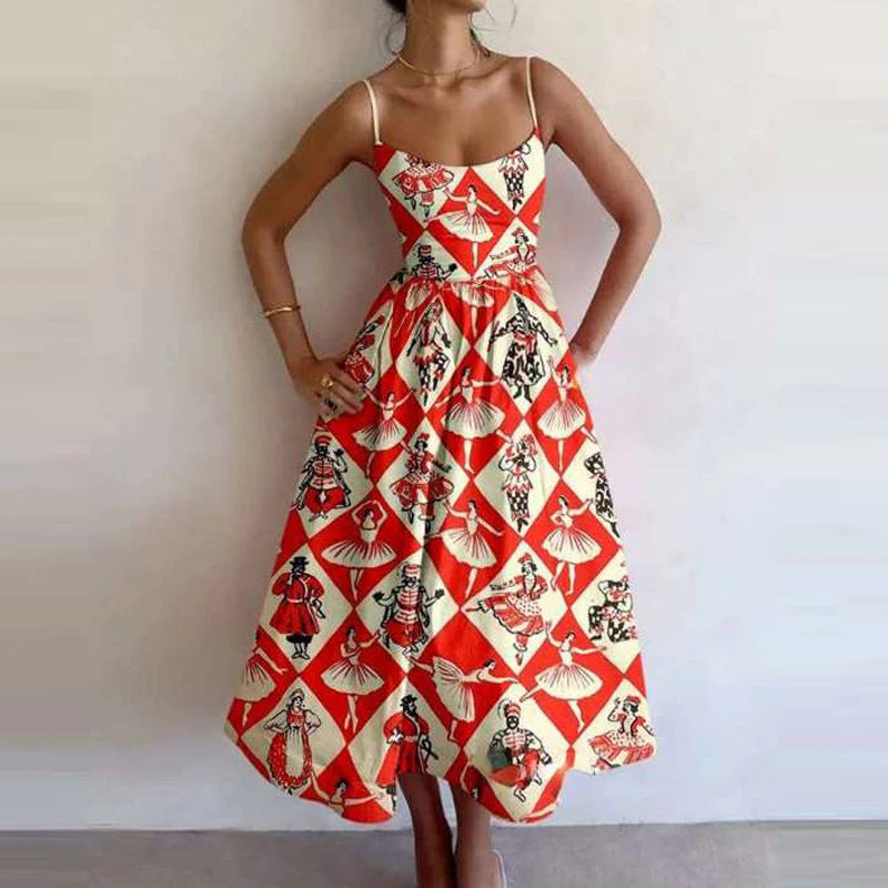 Sexy U-Neck Belted Ruffle Strap Flared Dress