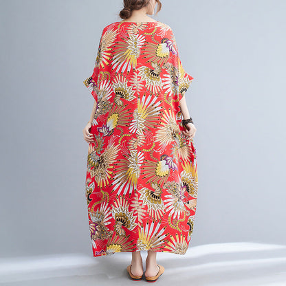 Casual Floral Print Red Plus Sizes Maxi Dresses-Dresses-Red-One Size-Free Shipping at meselling99
