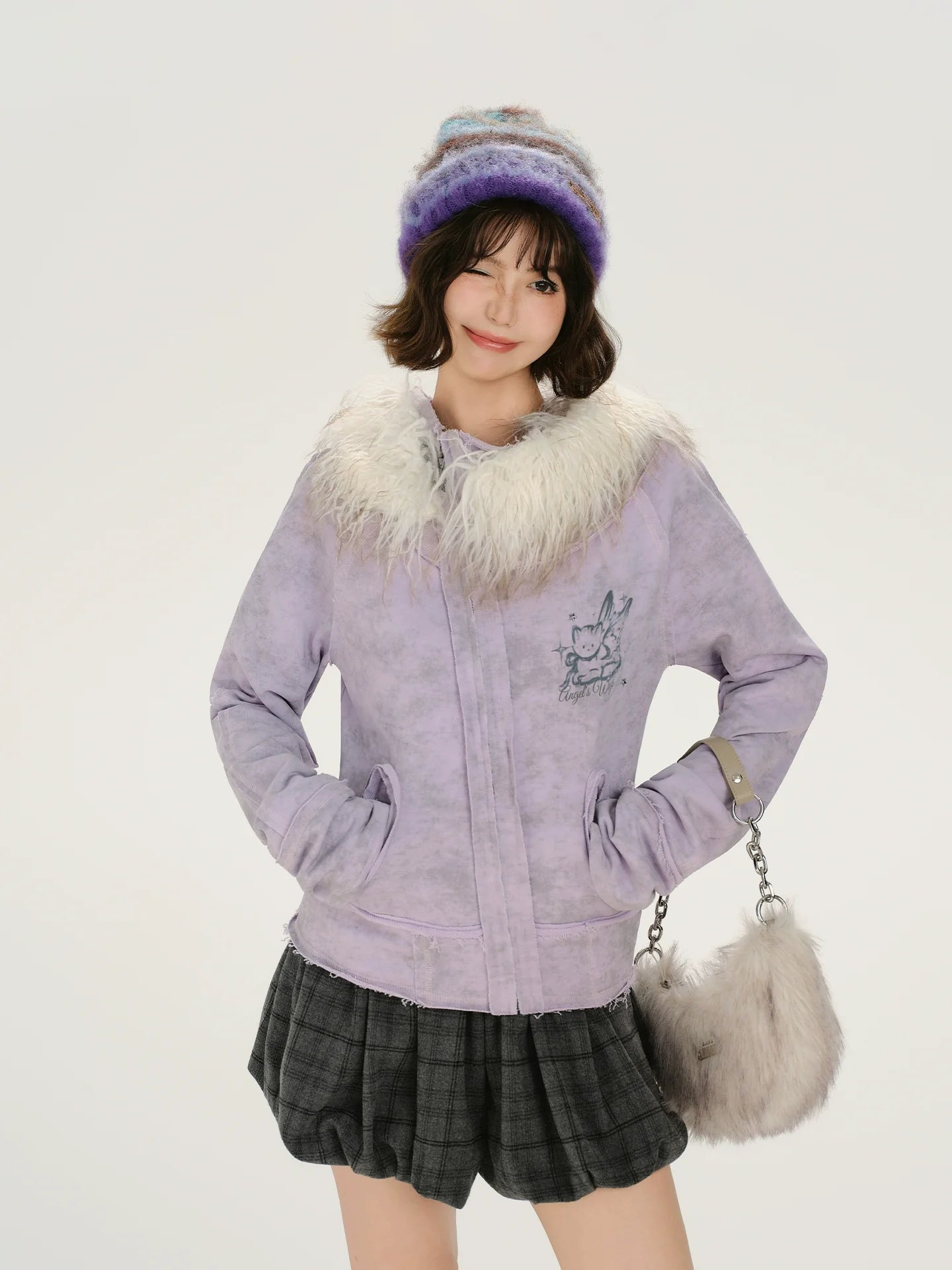 Girlyhalo Retro Tie-Dye Print Asymmetrical Design Women's Fall Coat with Fur Collar