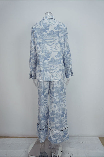 Printed Stand Collar Batwing Sleeve Loose Top with High-Waisted Wide-Leg Pant