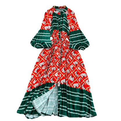 Retro Palace Style Lantern Sleeve Round Neck A-Line Floral Print Button-Down Waist Dress