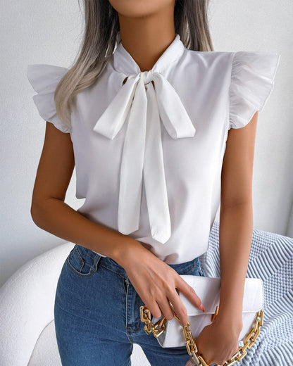 Solid Color Ruffled Tie-Bow Blouse – Elegant Women’s Shirt