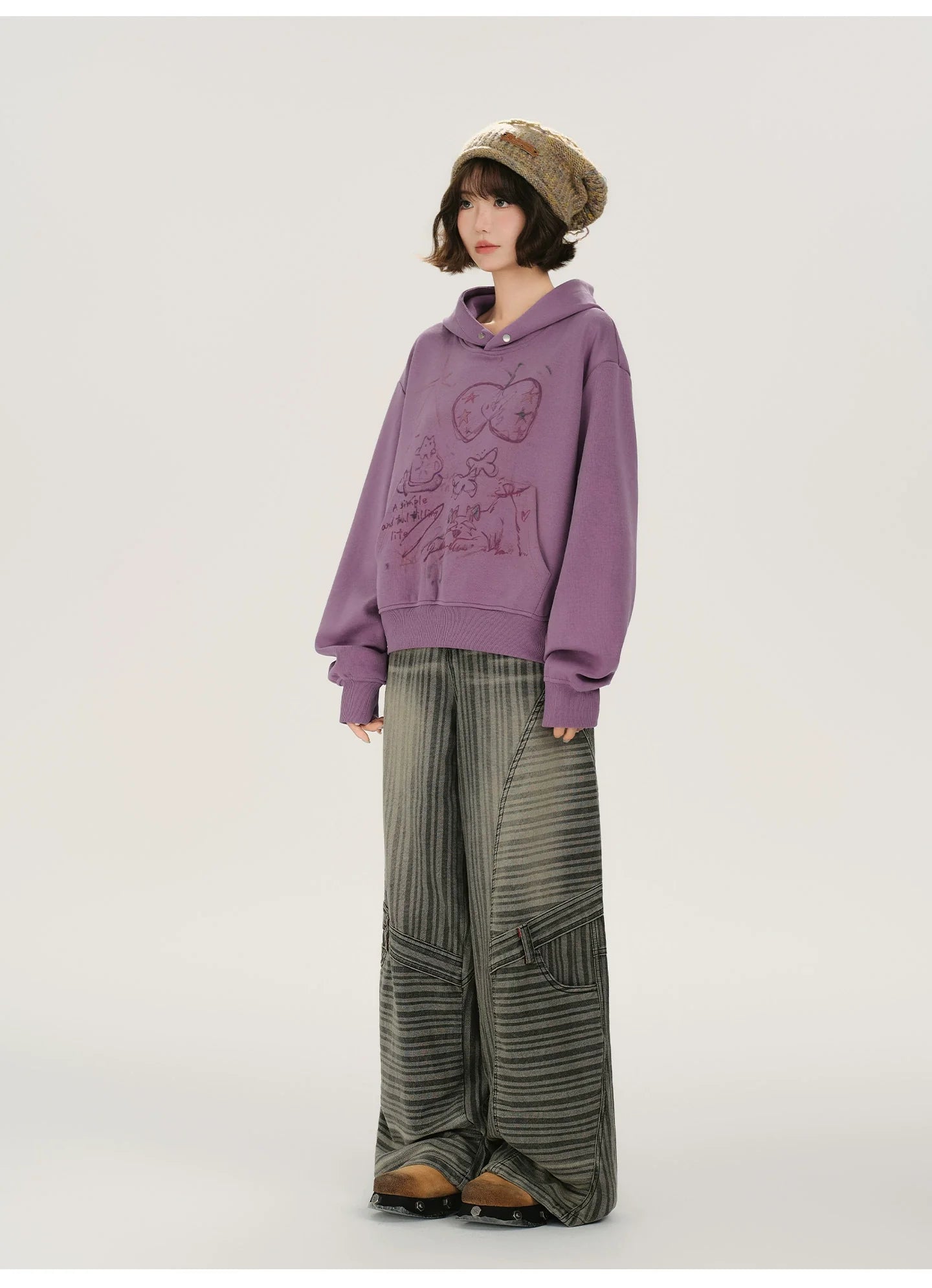 Girlyhalo Retro Print Distressed Hooded Long-Sleeve Sweatshirt
