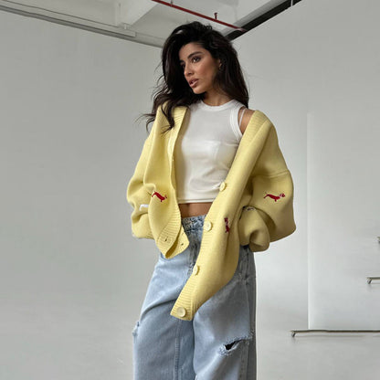 Women's Oversized Casual Knitted Embroidered Sweater Coat