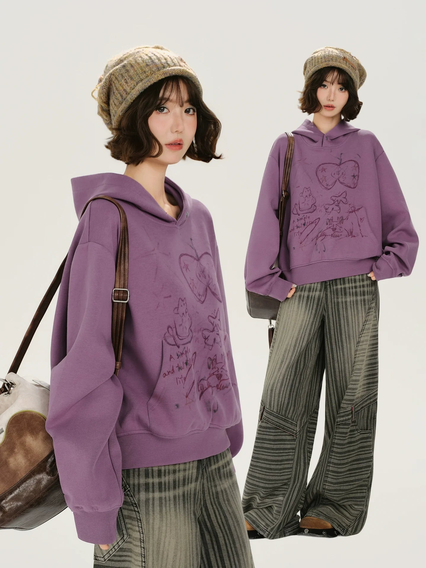 Girlyhalo Retro Print Distressed Hooded Long-Sleeve Sweatshirt