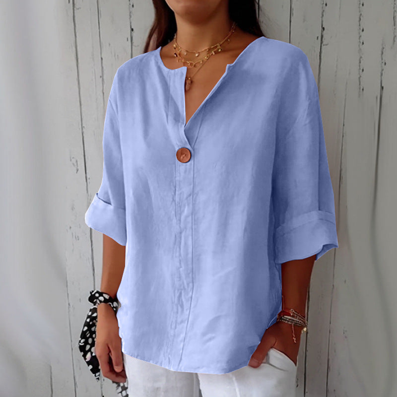 Women's Summer Loose-Fit V-Neck Cotton Linen Button-Up T-Shirt