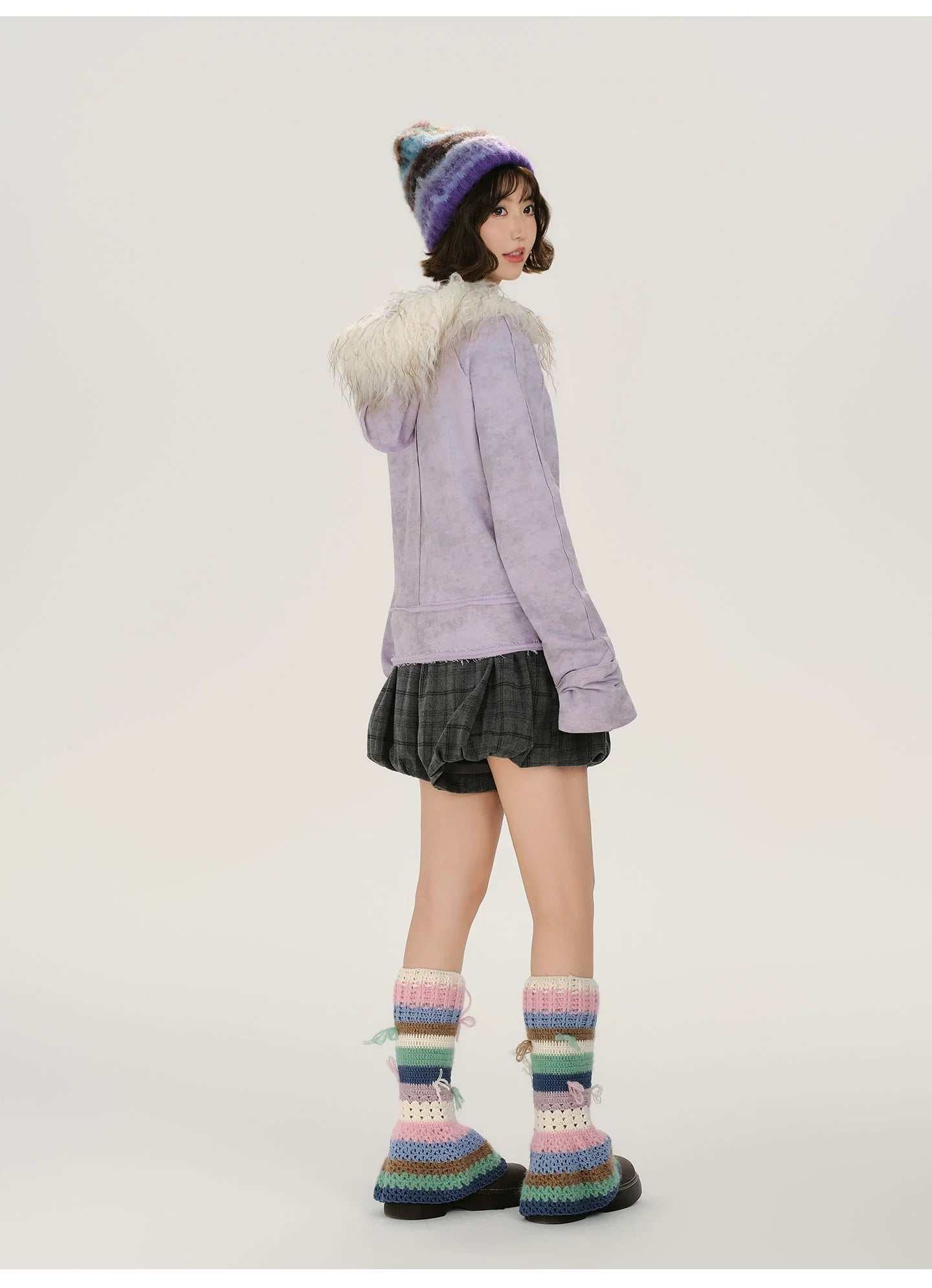 Girlyhalo Retro Tie-Dye Print Asymmetrical Design Women's Fall Coat with Fur Collar
