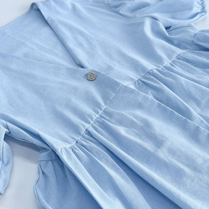 Sweet Solid Color Cotton Set - V-Neck Top & Bubble Sleeve Shorts 2-Piece Outfit