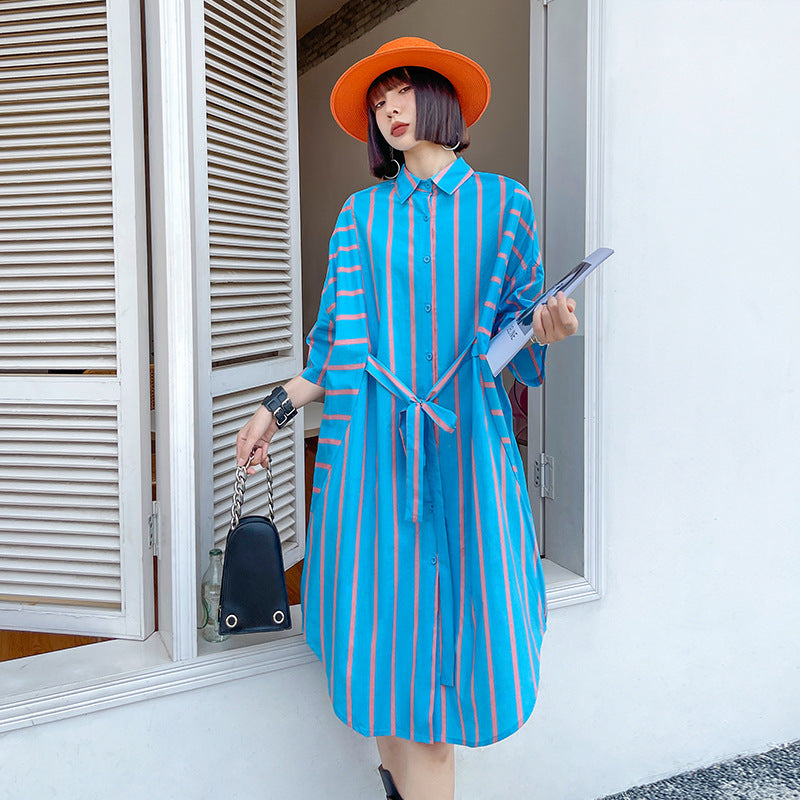 Vintage Striped Summer Short Shirts Dresses-Dresses-Blue-One Size-Free Shipping at meselling99