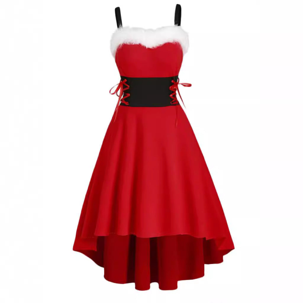 Christmas Party Bunny Outfit - Faux Fur Trim Off-Shoulder Bow Dress