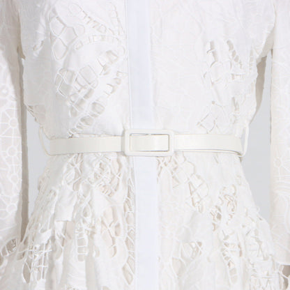 Vintage Collar Long Lantern Sleeve Mid-Length Embroidery Lace Solid Color Dress