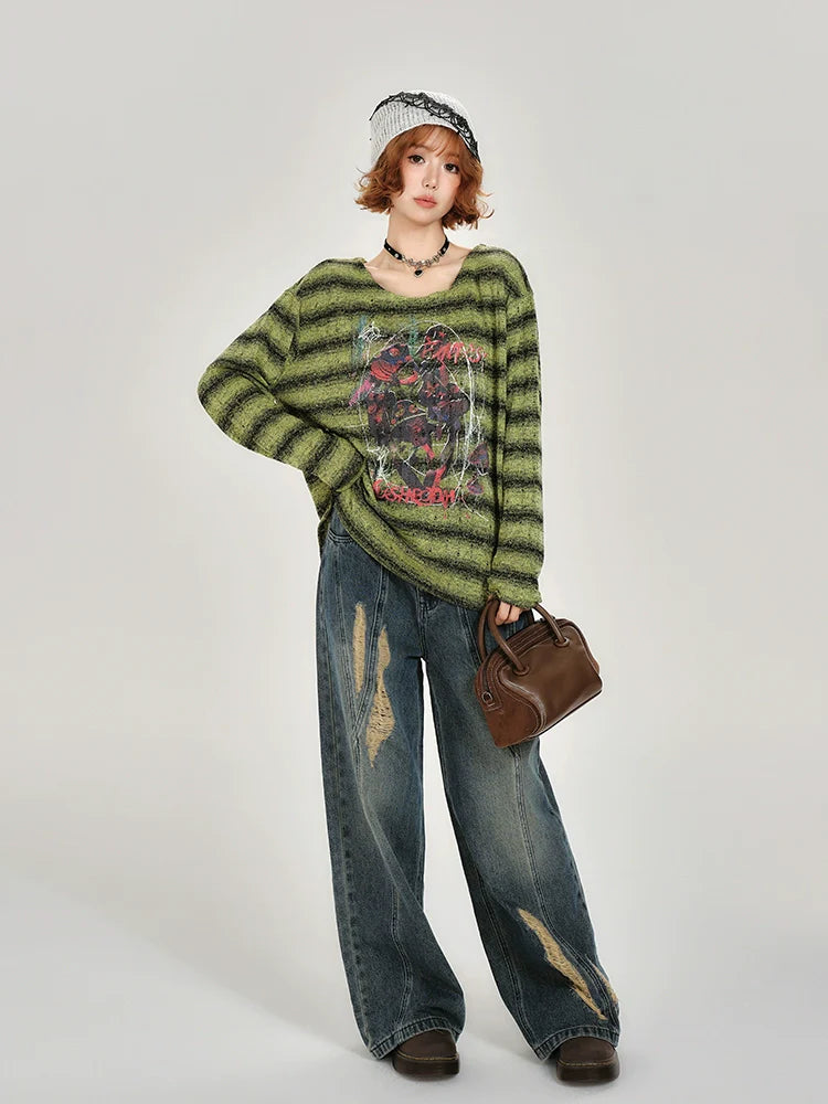 Girlyhalo Retro Green Striped Long Sleeve T-Shirt for Women-Green Striped-S-Free Shipping Leatheretro