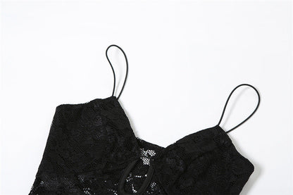 Summer Black Slim Fit High Waist V-Neck Mesh Slip Dress