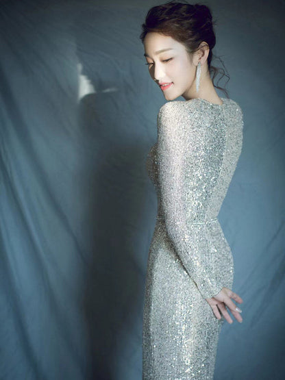 Sexy Sequined Long Sleeves Mermaid Evening Dresses