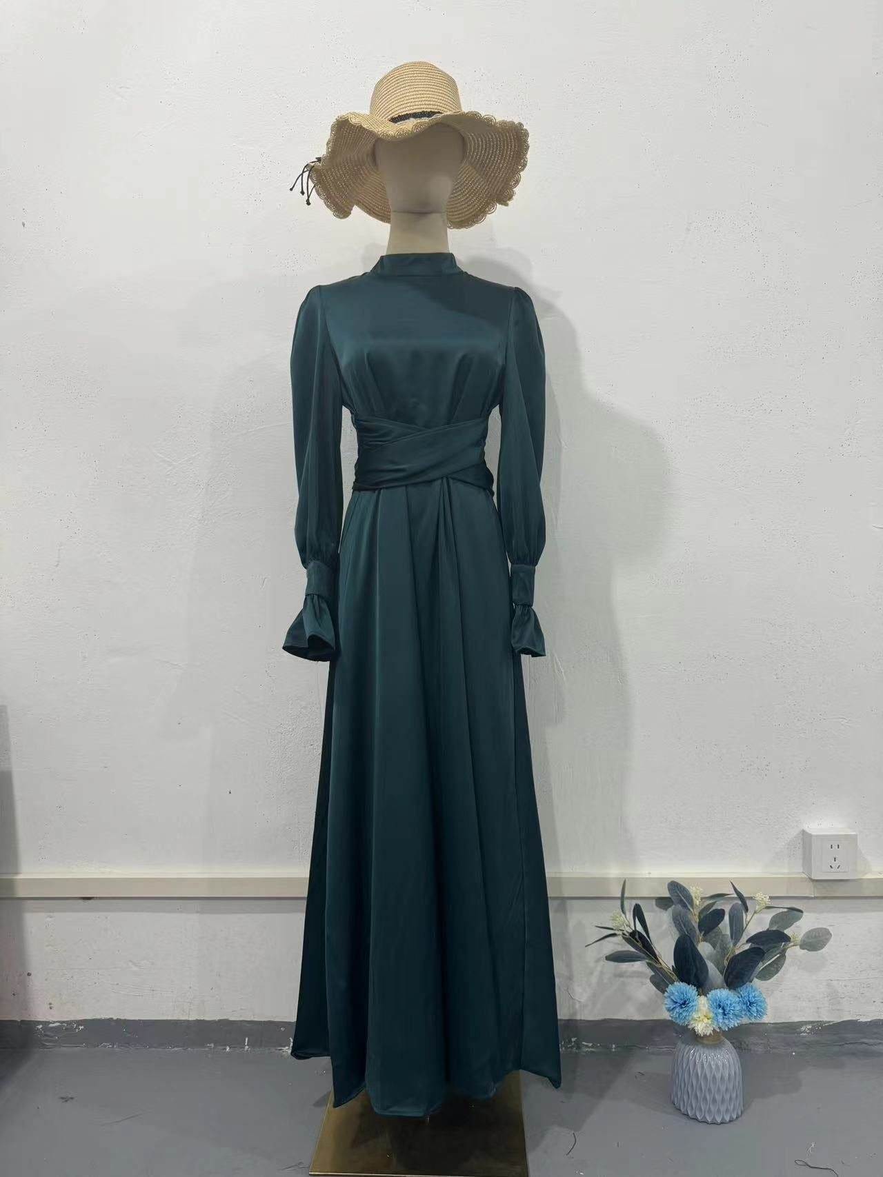 Elegant Long-sleeved Waist-tied Puff-sleeved  Women Dresses