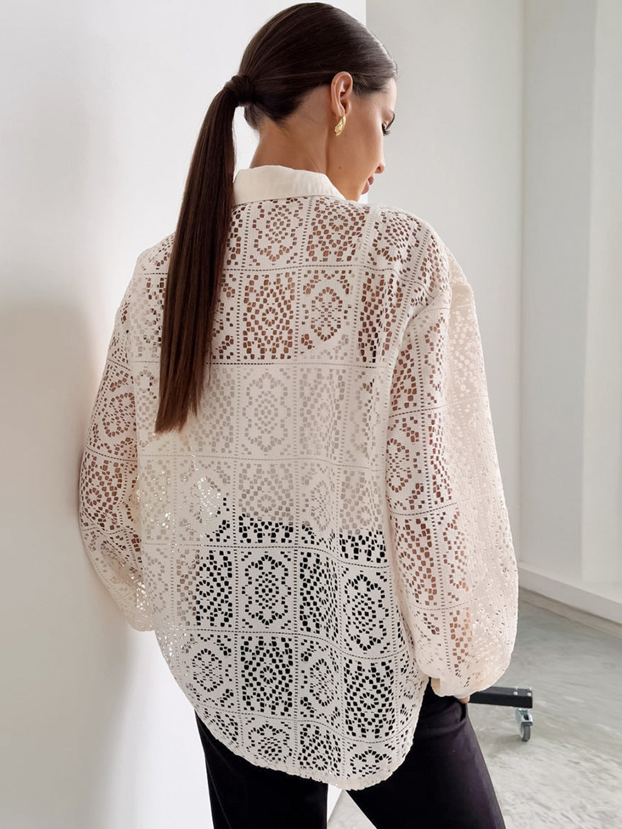 Vintage Lace Blouse – Women's Elegant Long Sleeve Sheer Office Shirt-Ivory-S-Free Shipping Leatheretro